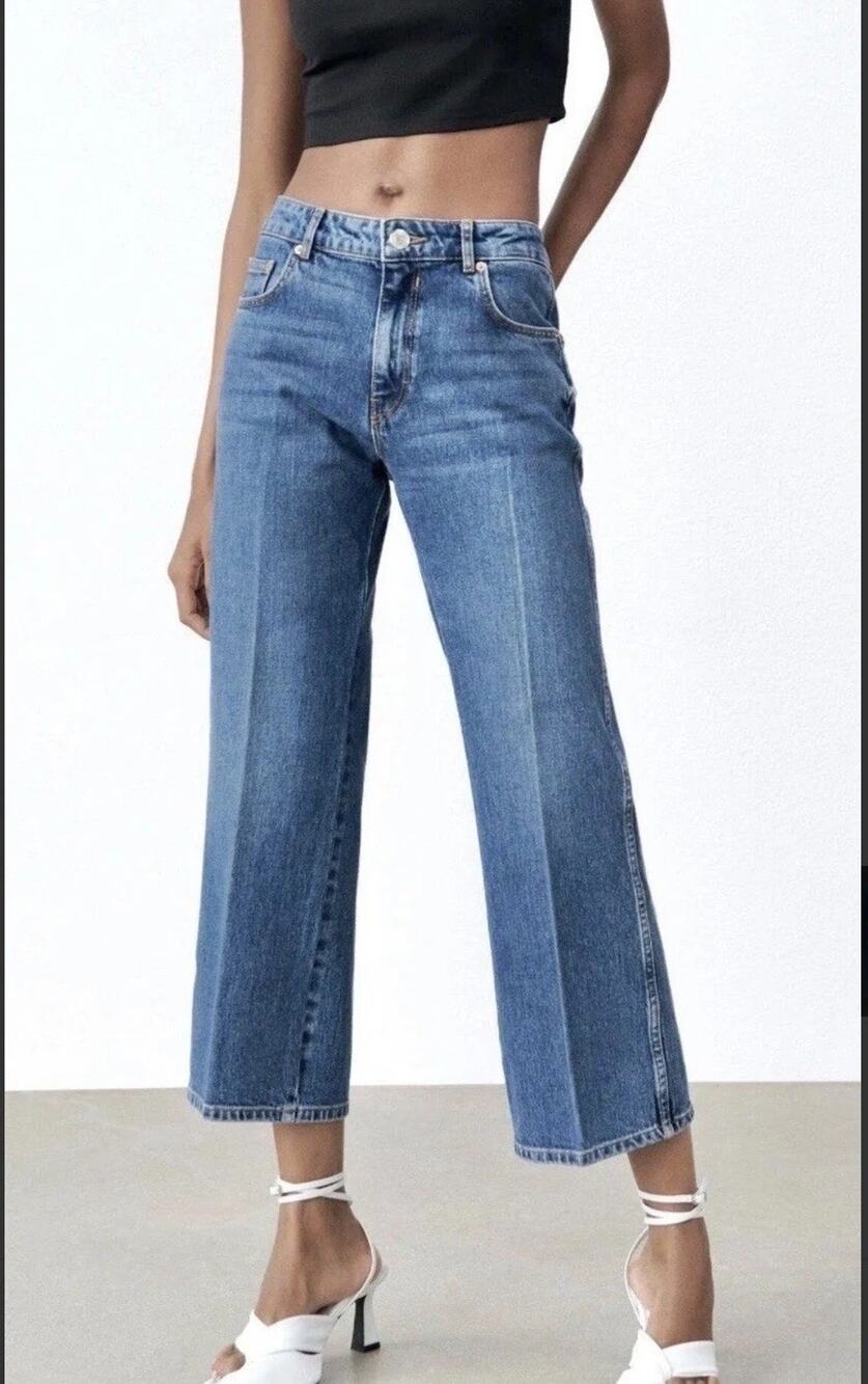 Zara Ness Cropped Flare Jeans Women's 6 Medium Wash Blue Stretch Denim Boho